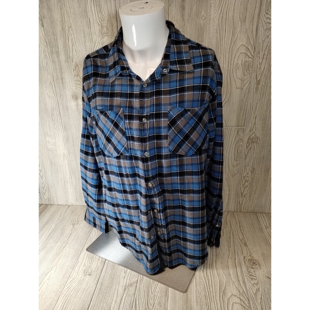 Haband Casual Joe L Men's Long Sleeve Flannel Shirt Blue Black Plaid Pearl Snaps